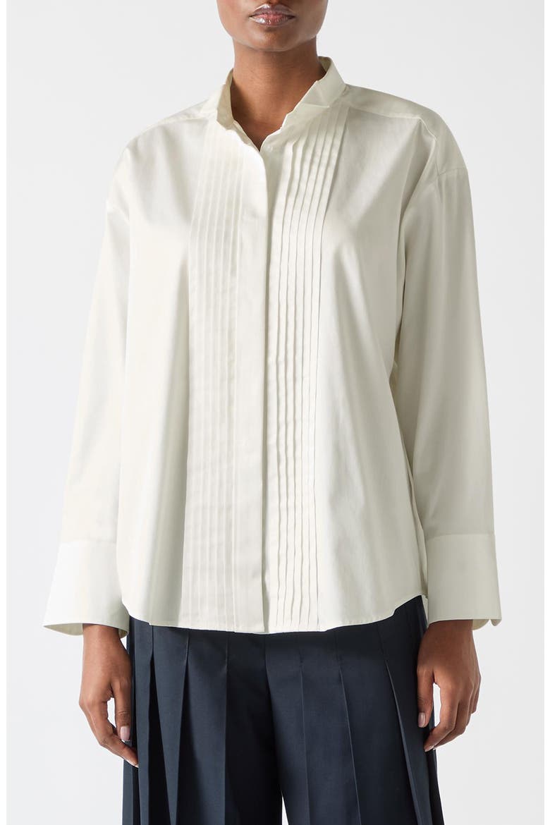 Colette Pleated Placket Cotton Button-Up Shirt, Main, color, WHITE