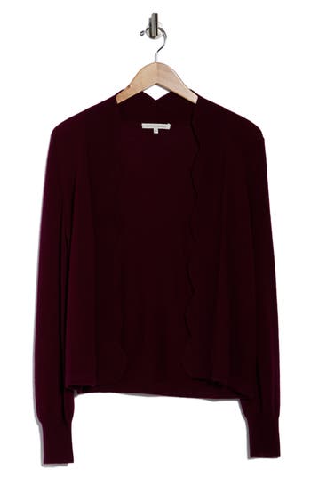 Sofia Cashmere Scallop Edge Open Cardigan In Burgundy