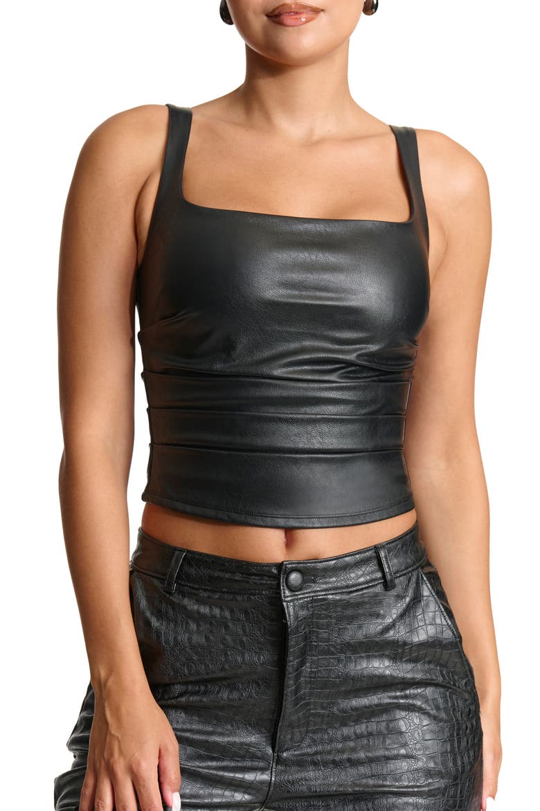 Glitter Square Neck Faux Leather Top, Main, color, BLACK