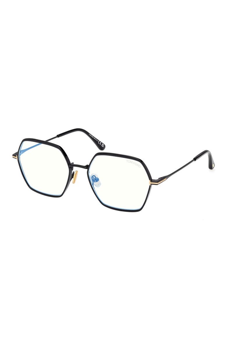 56mm Geometric Blue Light Blocking Optical Glasses, Alternate, color, SHINY BLACK/ BLUE BLOCK LENSES