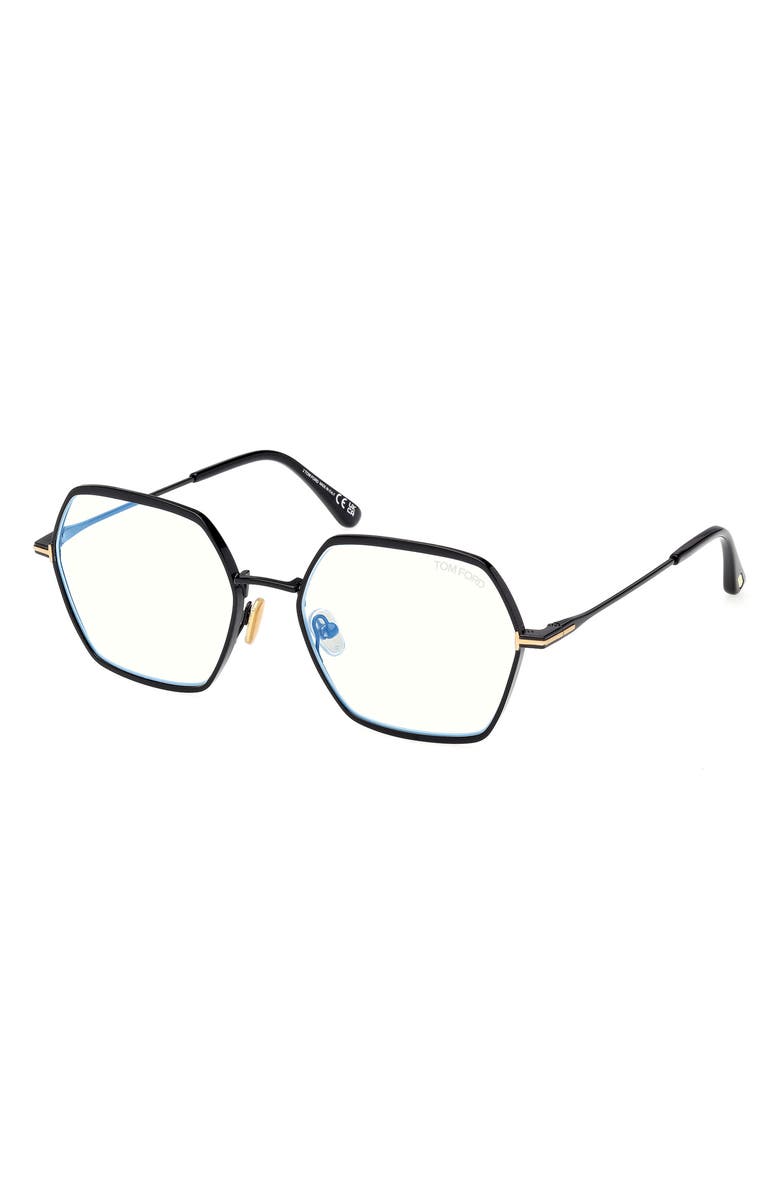 TOM FORD 56mm Geometric Blue Light Blocking Optical Glasses, Alternate, color, Shiny Black/ Blue Block Lenses