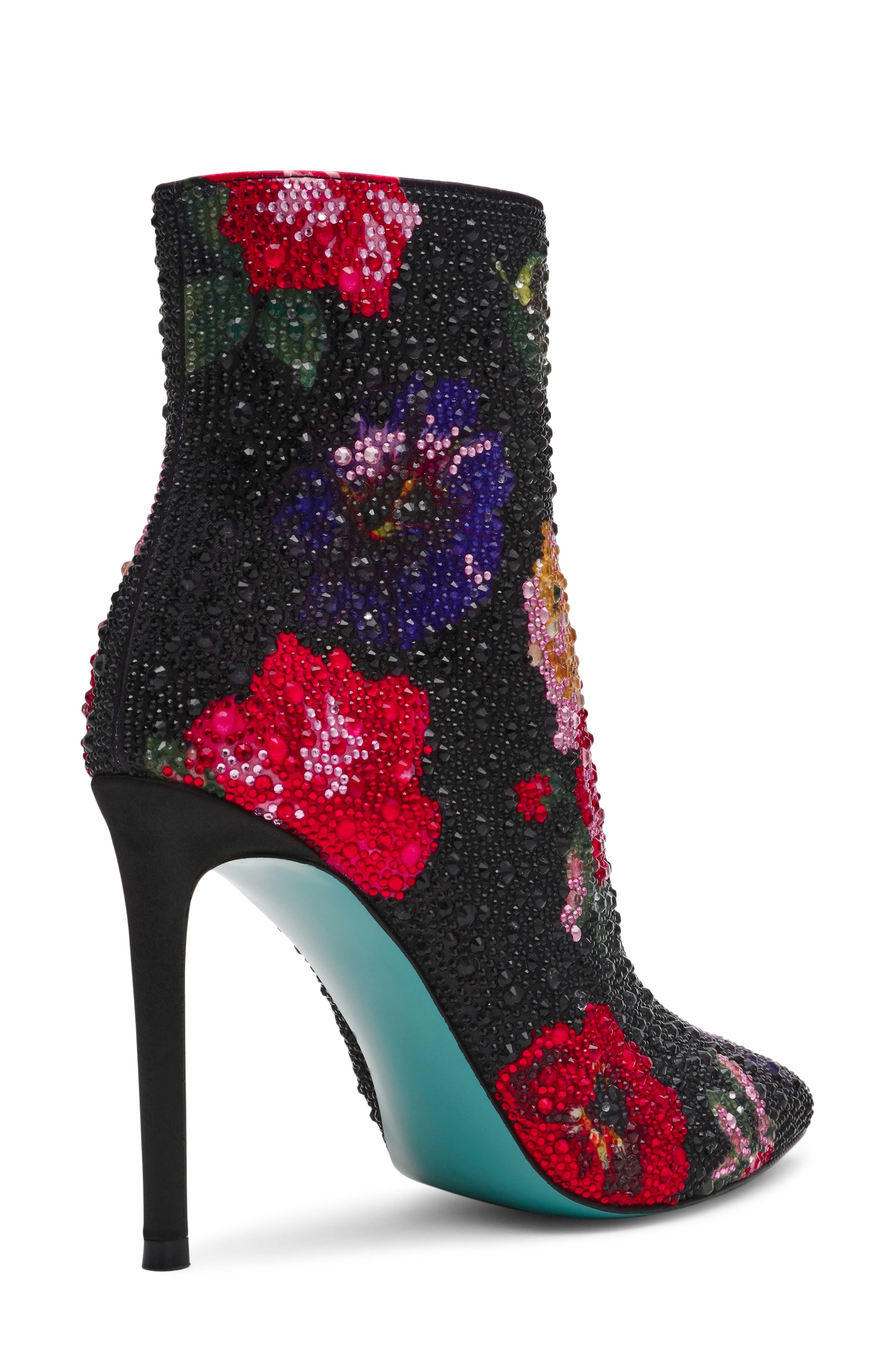 Betsey Johnson Belle Rhinestone Floral Bootie, Alternate, color, Black Flower Multi