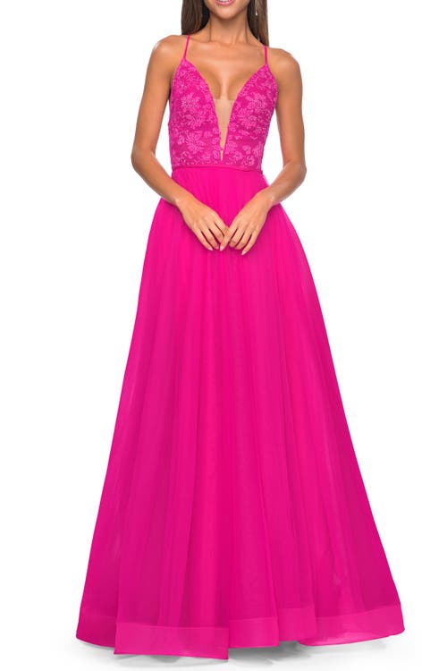La Femme Illusion Lace Bodice A-line Tulle Prom Dress With Slit In Hot Fuchsia