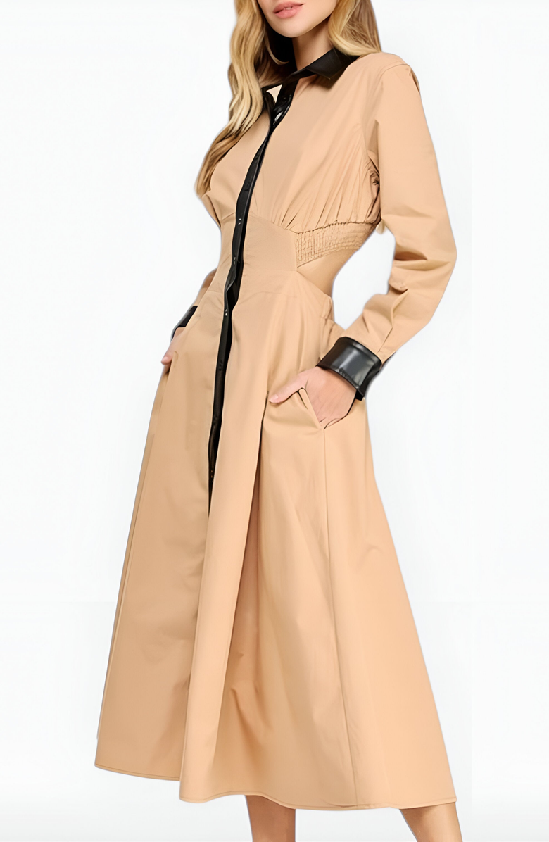 Modenaire Long Sleeve Midi Shirt Dress with Faux Leather Trim and Side Pockets, Alternate, color, 