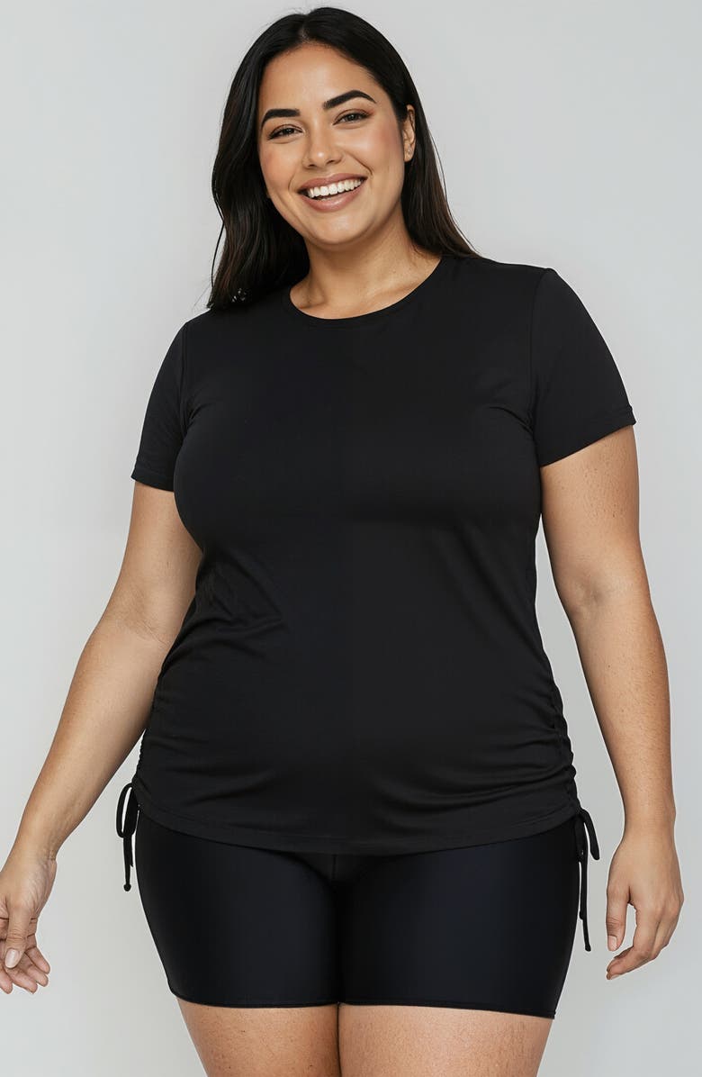 Calypsa Plus Size Short Sleeve Adele Swim Top and Black Mid-Thigh Swim Shorts Set, Main, color, Black