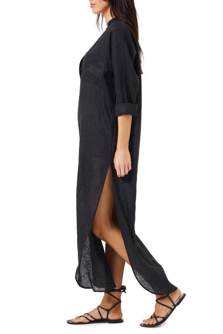 Capistrano Long Sleeve Linen Cover-Up Tunic Dress, Alternate, color, BLACK