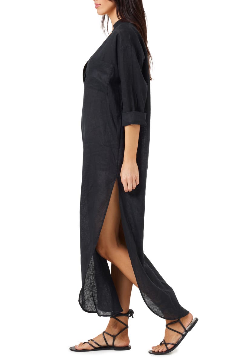LSPACE Capistrano Long Sleeve Linen Cover-Up Tunic Dress, Alternate, color, Black