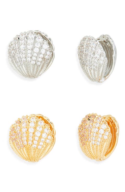 Set of 2 Pavé Zircon Shell Huggie Earrings
