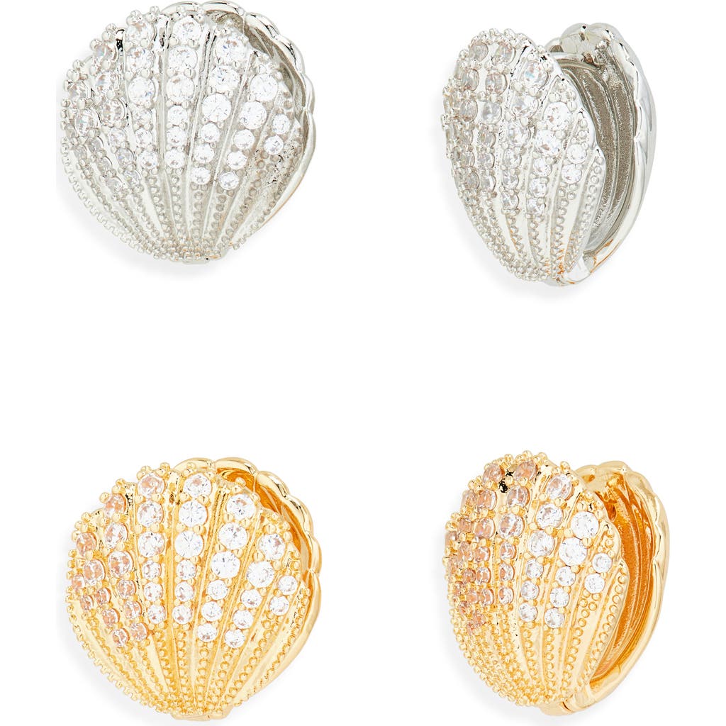 Tasha Set Of 2 Pavé Zircon Shell Huggie Earrings In Gold/silver