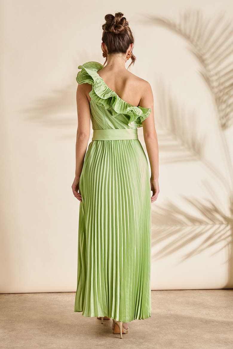 One Shoulder Pleated Skirt Maxi Dress, Alternate, color, Green