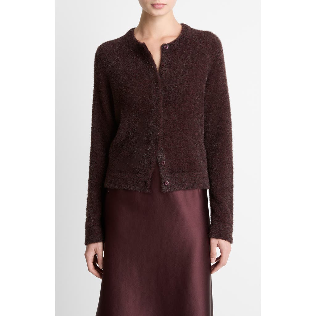 Vince Metallic Eyelash Cardigan In Burgundy