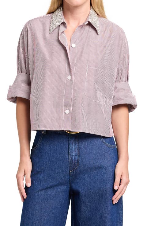 Next Ex with Crystal Collar Cotton Button-Up Shirt