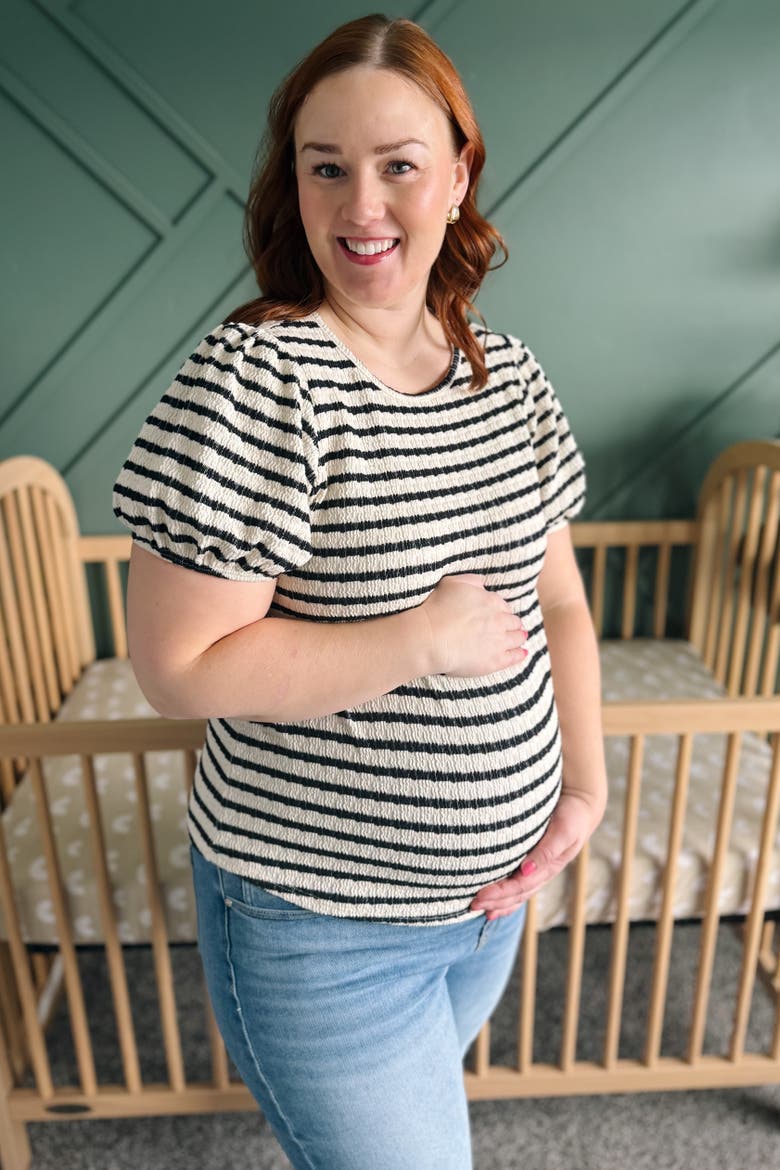 Striped Textured Puff Sleeve Top, Alternate, color, Black