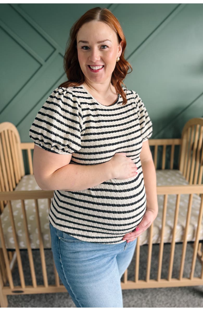 PinkBlush Striped Textured Puff Sleeve Top, Alternate, color, Black