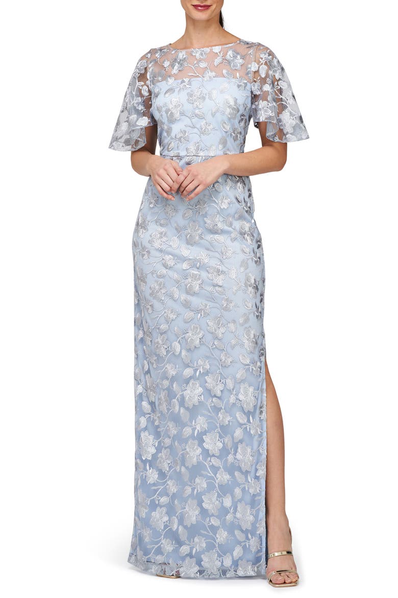 Brooke Floral Embroidered Column Gown, Main, color, SILVER/ AZURE