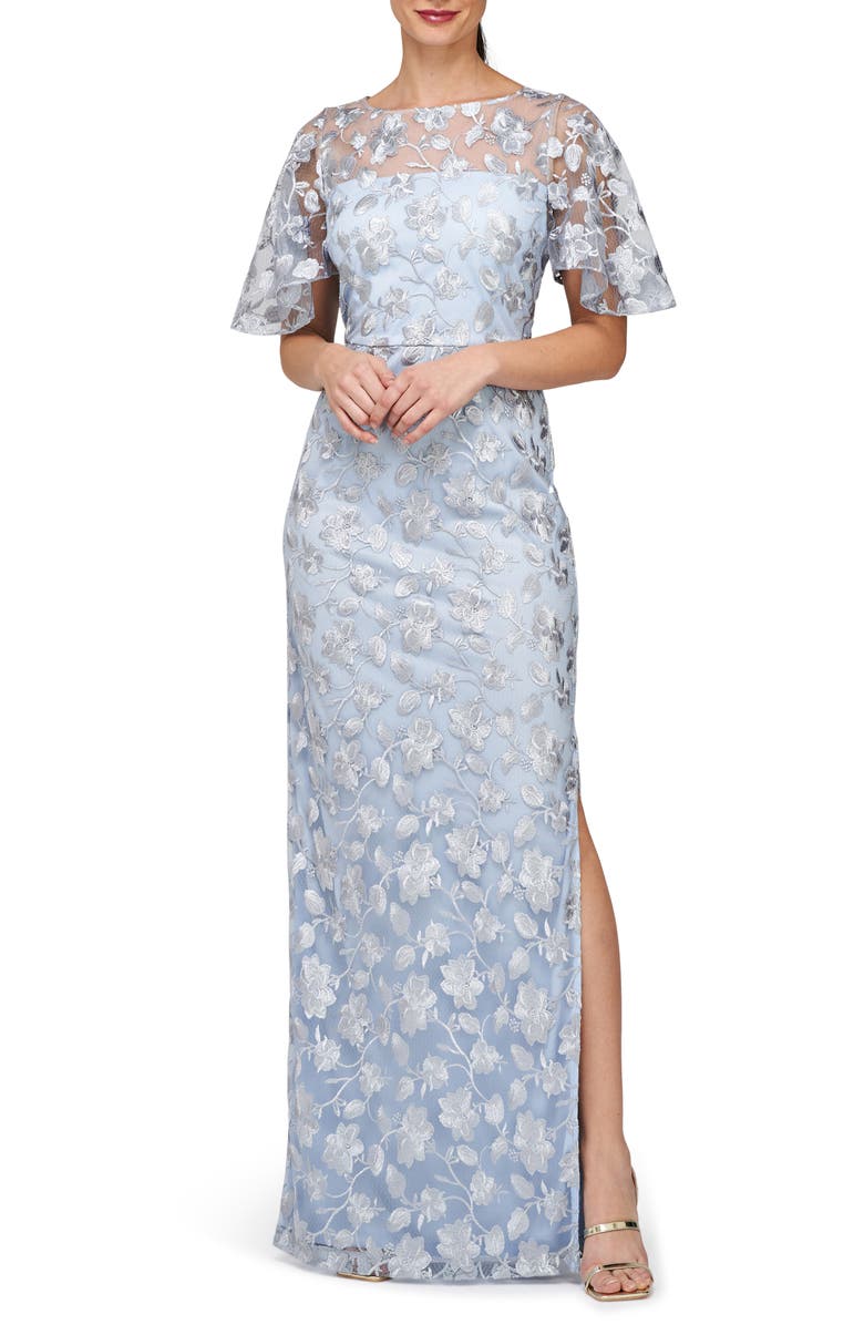 JS Collections Brooke Floral Embroidered Column Gown, Main, color, Silver/ Azure