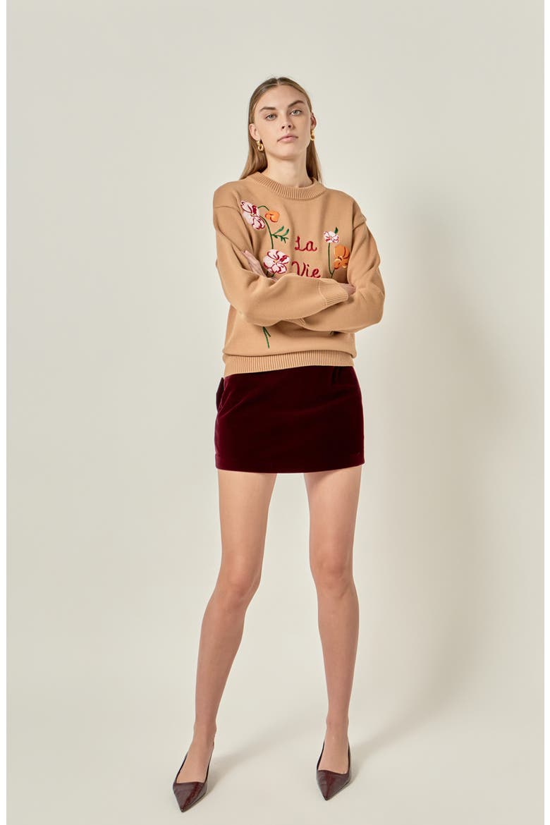 Flower Embroidered Sweater, Alternate, color, CAMEL