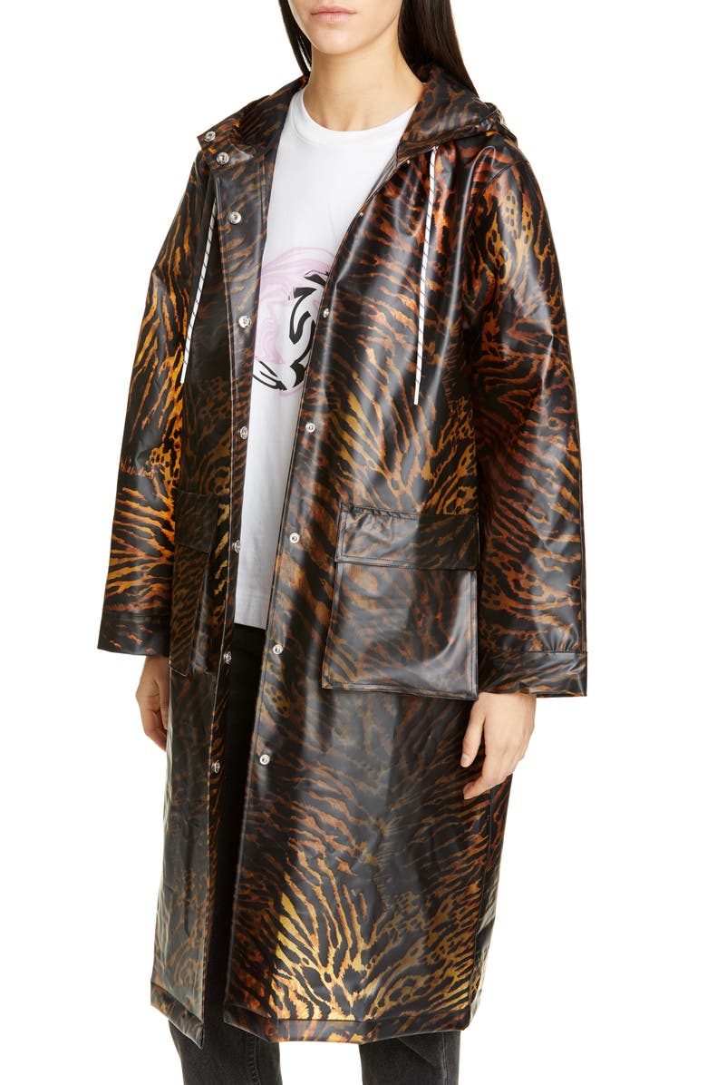 Ganni Tiger Print Water Resistant Biodegradable Raincoat, Alternate, color, 