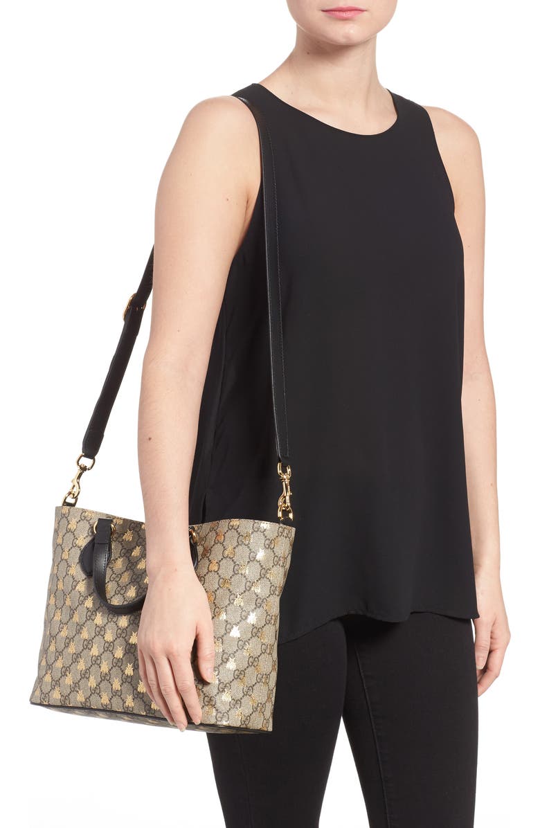 Gucci Bee GG Supreme Small Canvas Tote, Alternate, color,
