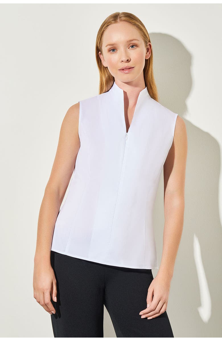 Ming Wang Sleeveless Zip-Up Stretch Cotton Shirt, Main, color, White