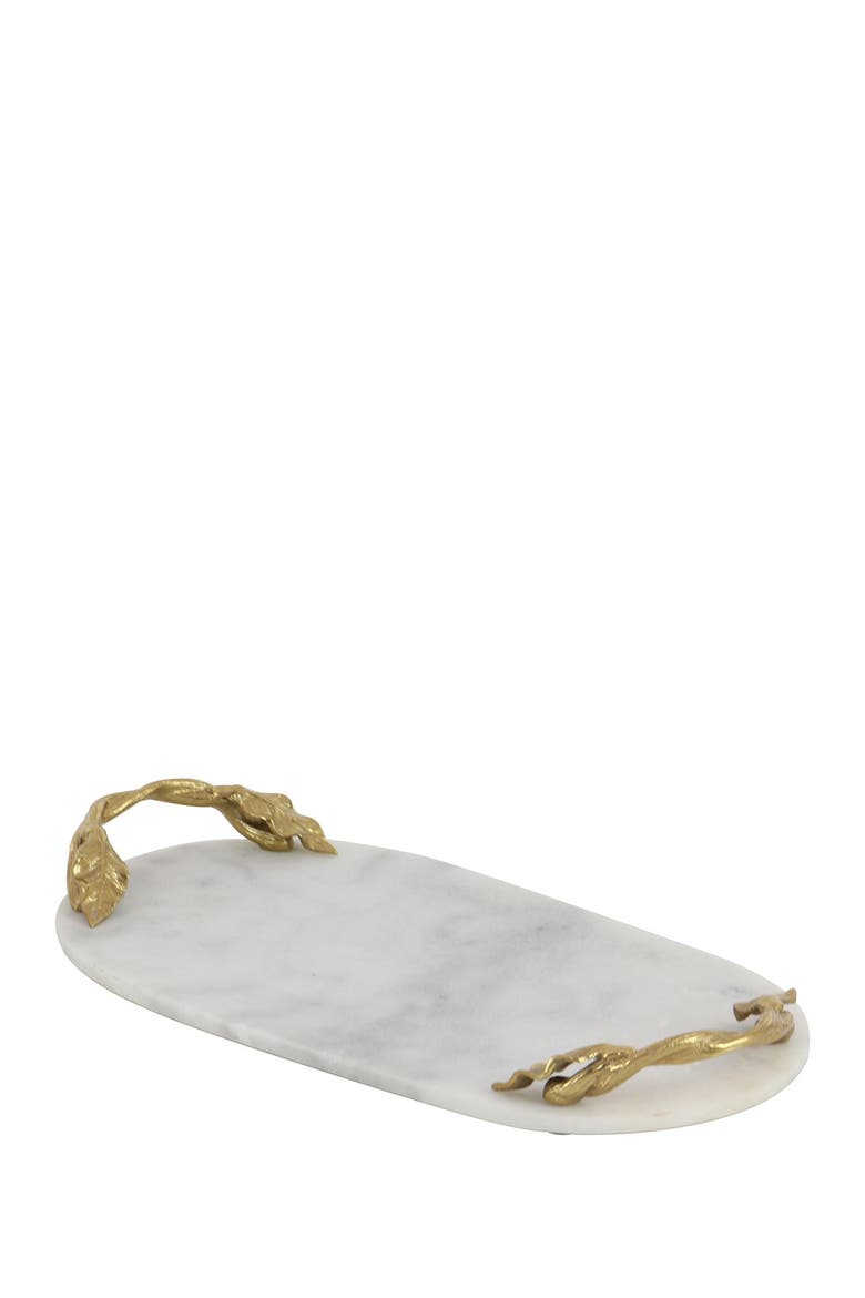 White Marble Glam Tray with Goldtone Twisted Leaf Handles, Alternate, color, WHITE