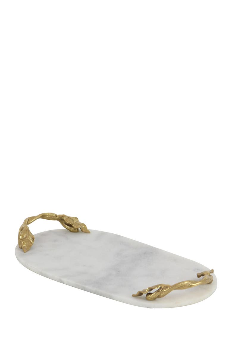 WILLOW ROW White Marble Glam Tray with Goldtone Twisted Leaf Handles, Alternate, color, White