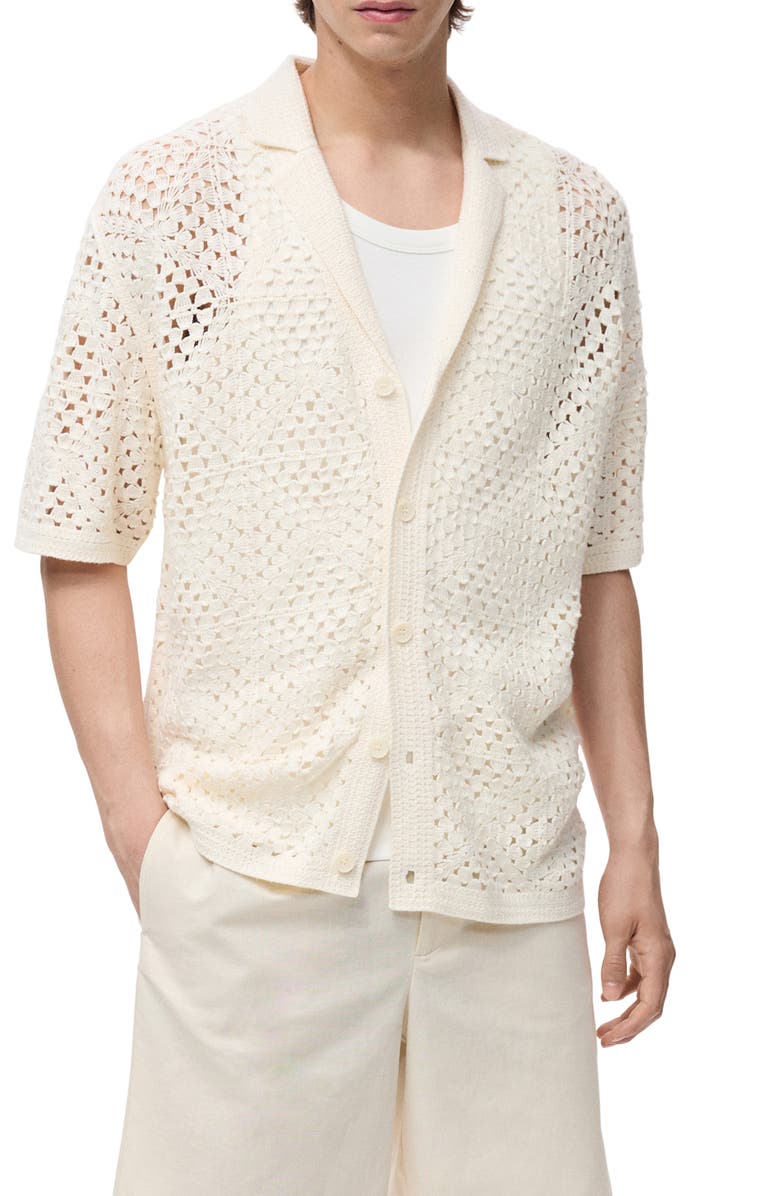 MANGO Cotton Blend Crochet Camp Shirt, Main, color, Ivory White