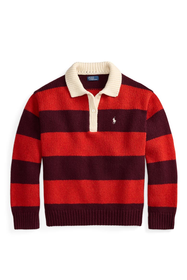 Stripe Oversize Wool Blend Rugby Polo Sweater, Alternate, color, HARVARD WINE/ BRANDY HEATHER