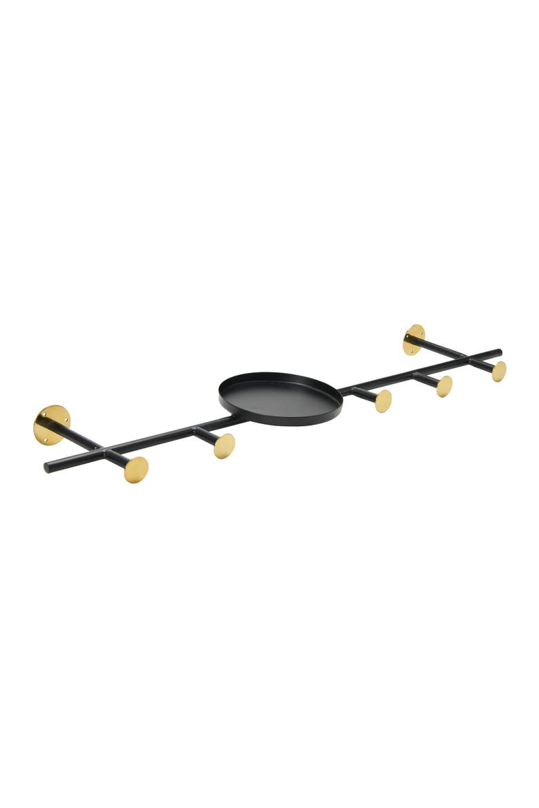 Metal Wall Hook with 1 Shelf & 5 Hooks, Black & Brass Finish, Main, color, Black