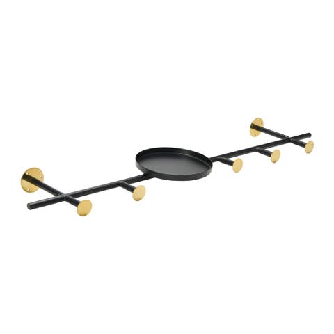 Metal Wall Hook with 1 Shelf & 5 Hooks, Black & Brass Finish