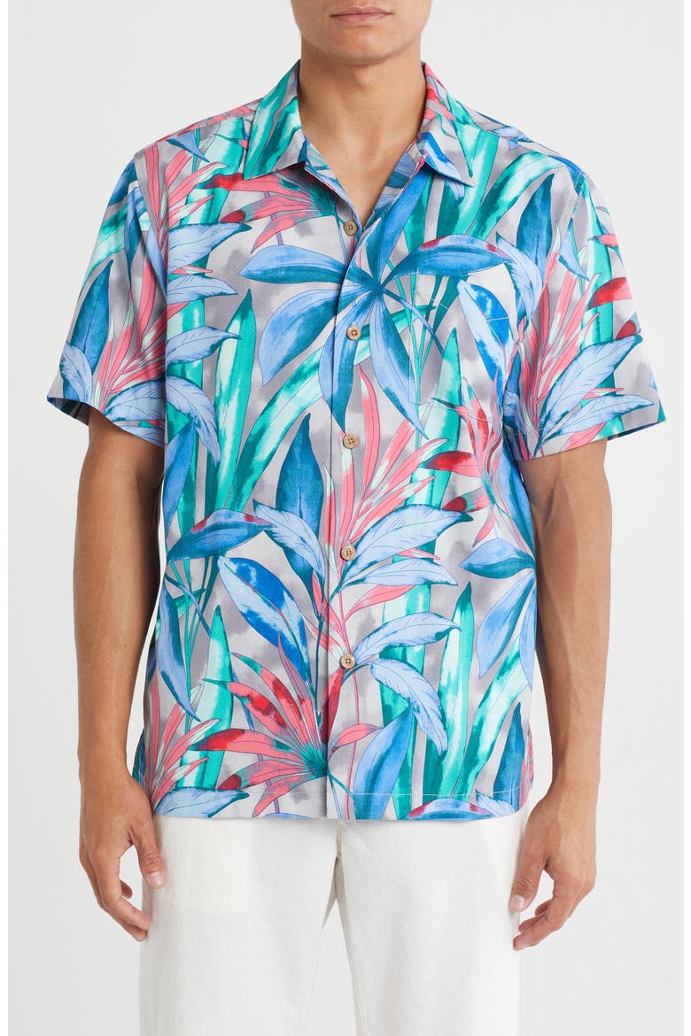 Frond Fest Short Sleeve Button-Up Shirt, Main, color, GREY THUNDER