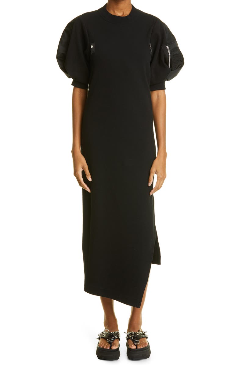 Sacai Puff Sleeve Asymmetric Hem Cotton Blend Dress, Main, color, 