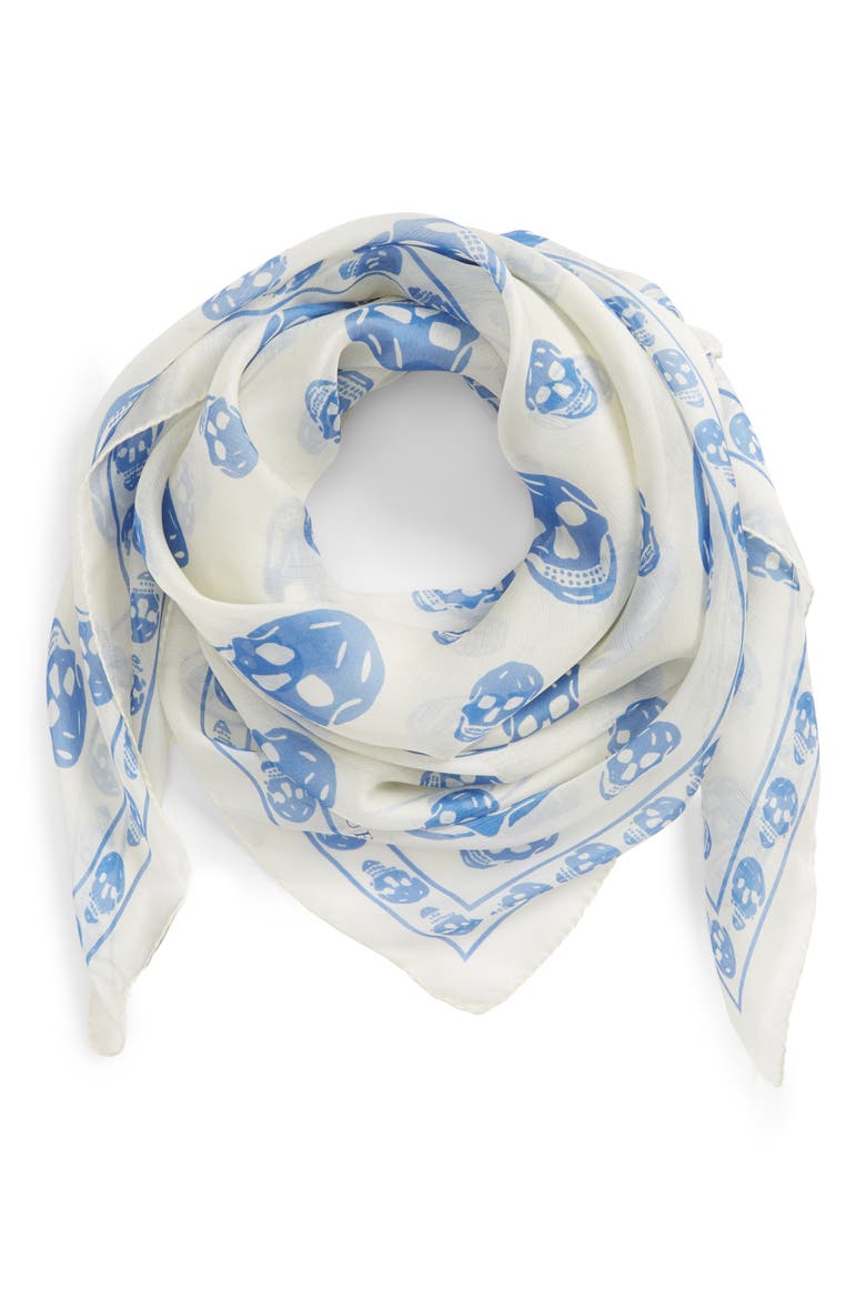 Alexander McQueen Skull Foulard Silk Scarf, Alternate, color, IVORY/ PERIWINKLE