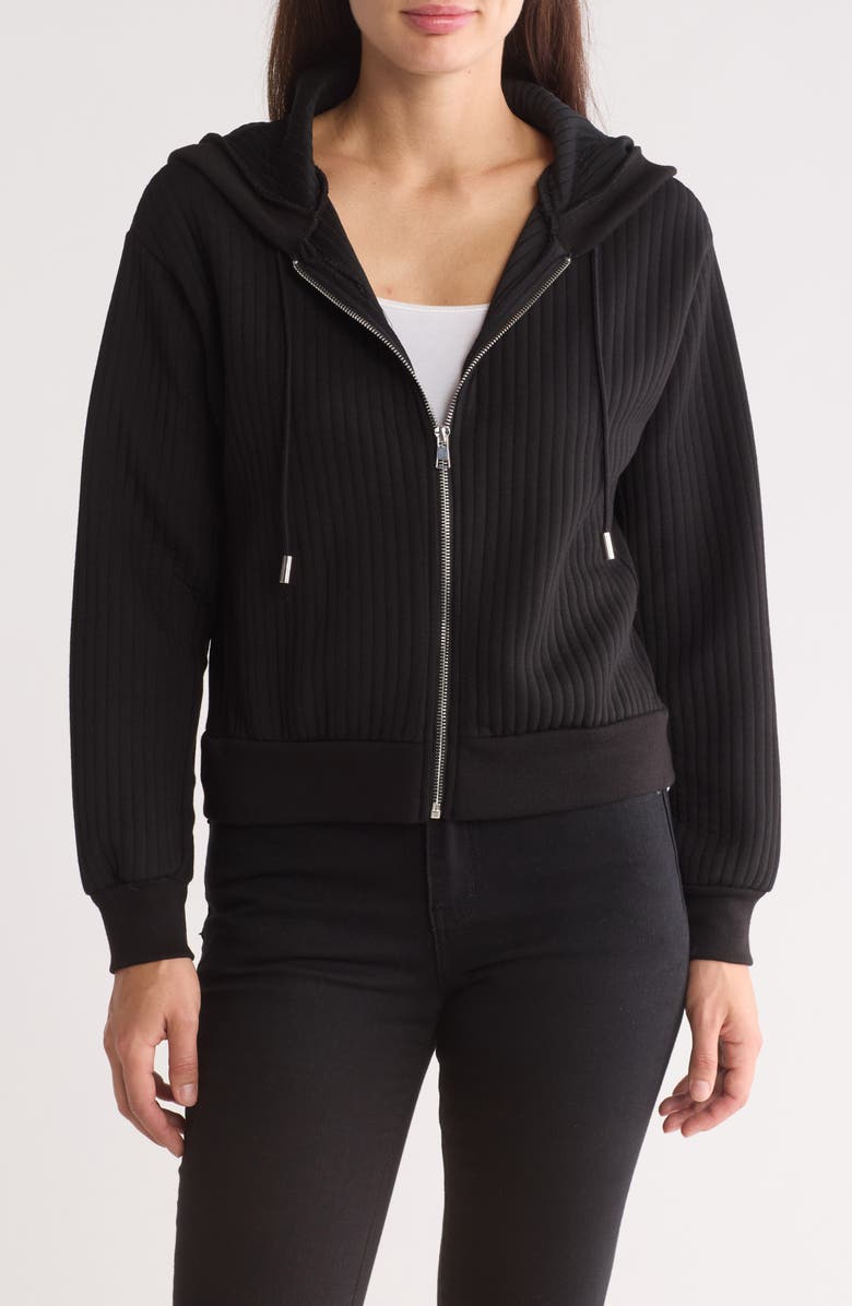 T Tahari Rib Knit Zip Hoodie, Main, color, Black