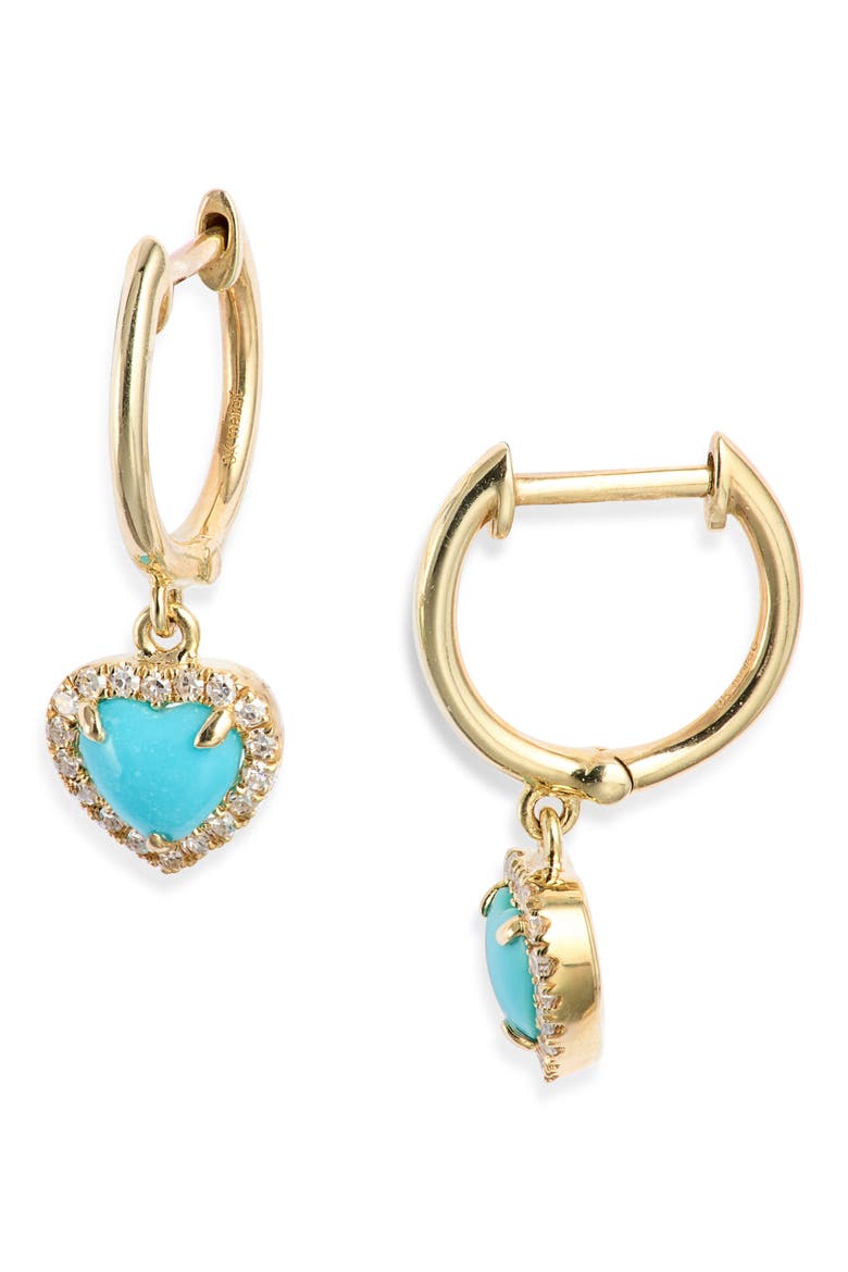 14k Gold Heart Turquoise & Diamond Hoop Earrings, Main, color, YELLOW GOLD