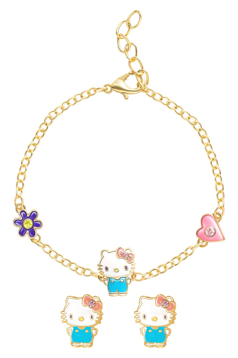 Hello Kitty® Cubic Zirconia & Enamel Charm Bracelet & Stud Earrings Set, Main, color, BLUE AND GOLD