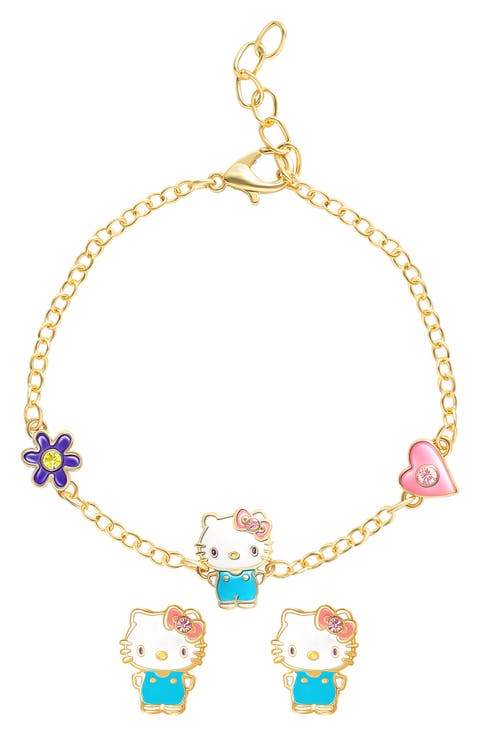 Hello Kitty® Cubic Zirconia & Enamel Charm Bracelet & Stud Earrings Set