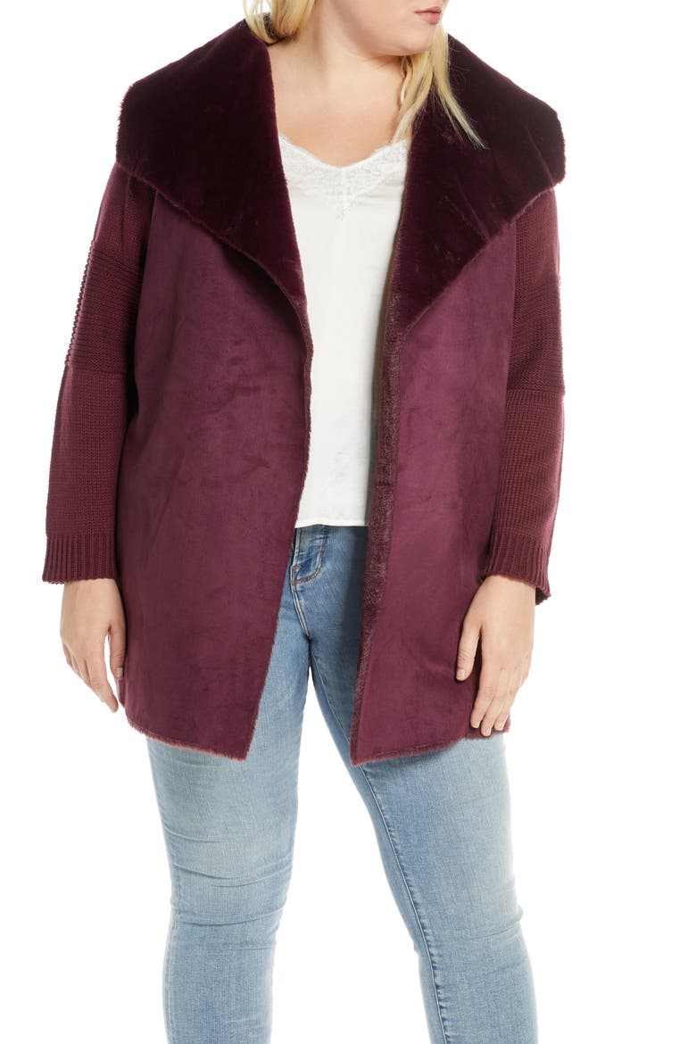Sweater Jacket with Faux Fur Trim, Main, color, WINDSOR WINE