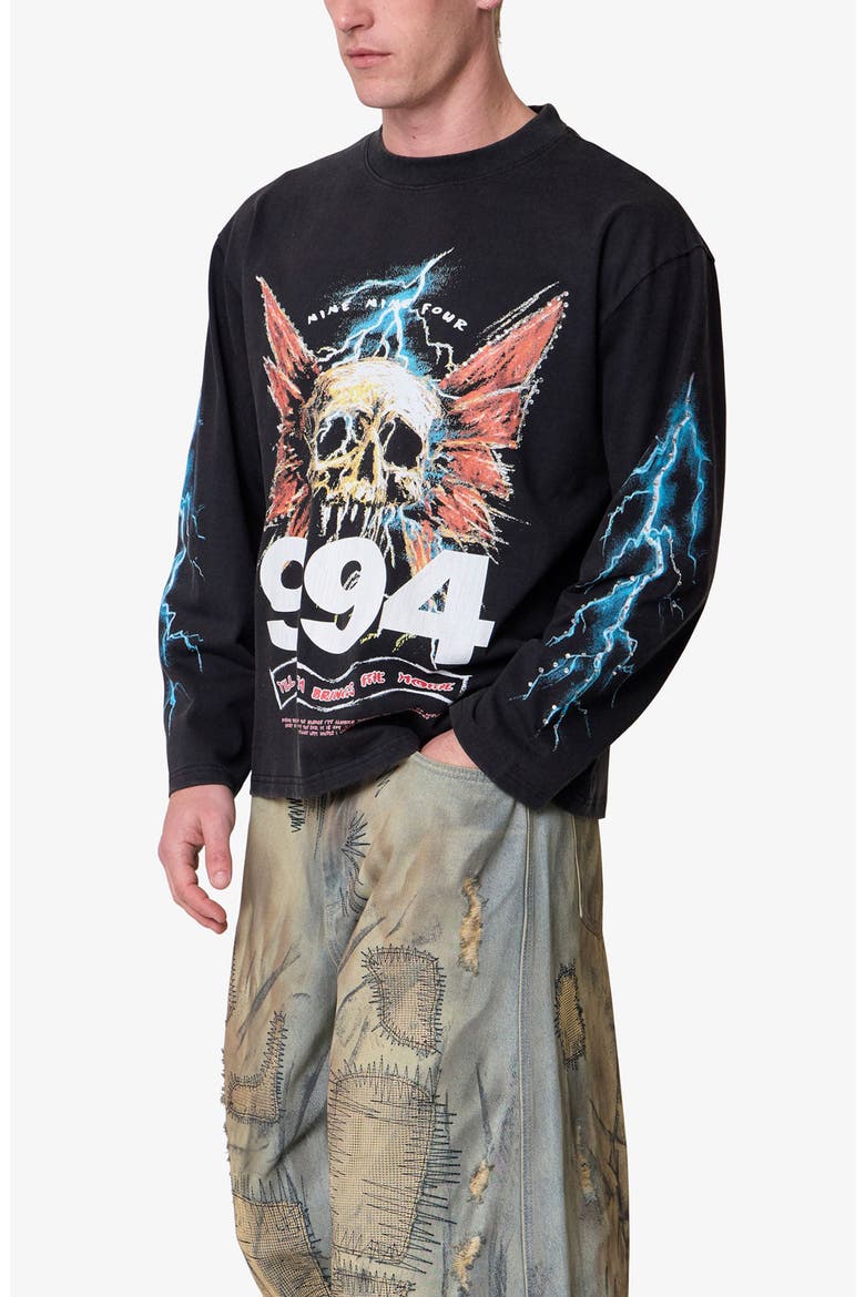 Gem Skull Long Sleeve Cotton Graphic T-Shirt, Alternate, color, BLACK