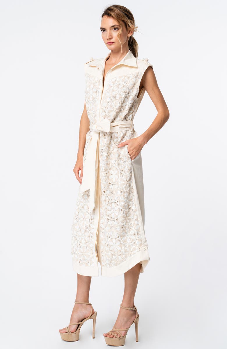 CIEBON Amber Crochet Inset Sleeveless Tie Belt Cotton Blend Shirtdress, Alternate, color, Cream