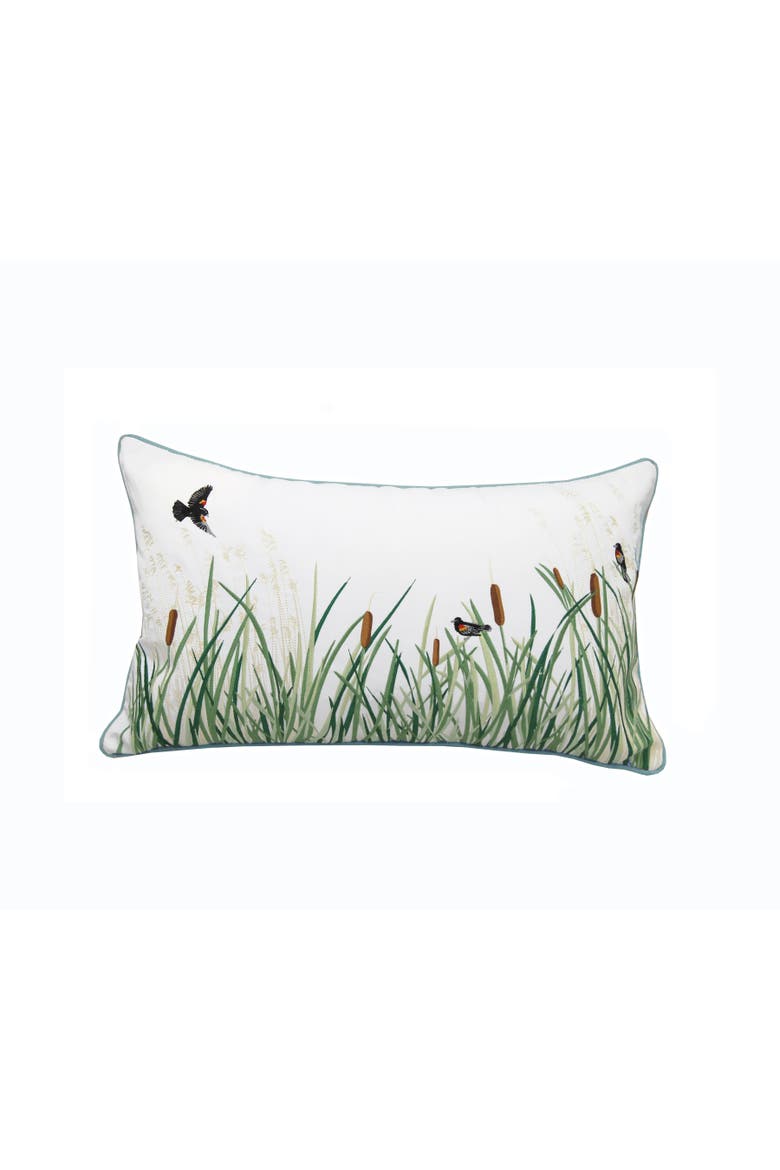 Cattails & Red Winged Blackbird Indoor/Outdoor Throw Pillow, Main, color, Blue