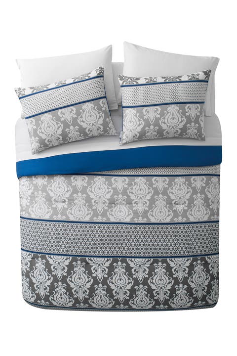 Beckham Blue Damask Bed-in-a-Bag Comforter Set - Full