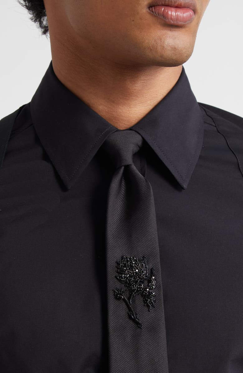 McQueen Jet Crystal Rose Embellished Silk Tie, Alternate, color, 