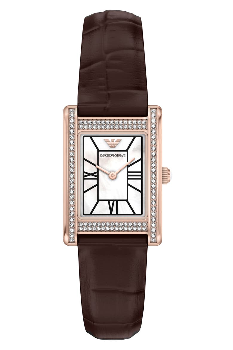 Two-Hand Mother-of-Pearl Leather Strap Tank Watch, 22mm x 32mm, Main, color, BROWN/ ROSE GOLD
