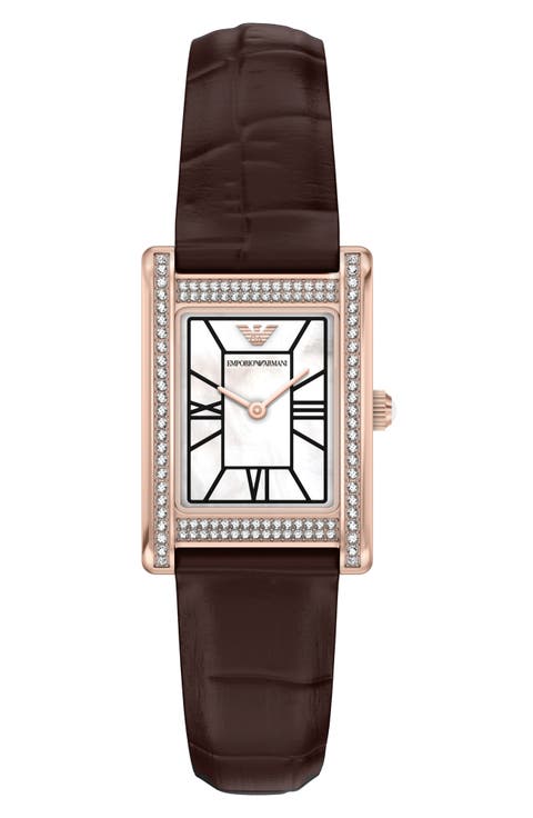 Genni Mother-of-Pearl Leather Strap Tank Watch, 22mm x 32mm