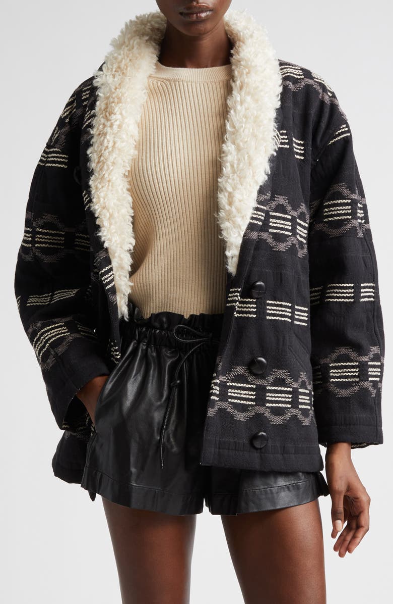 Isabel Marant Étoile Qaya Stripe Coat with Faux Fur Trim, Main, color, Faded Black