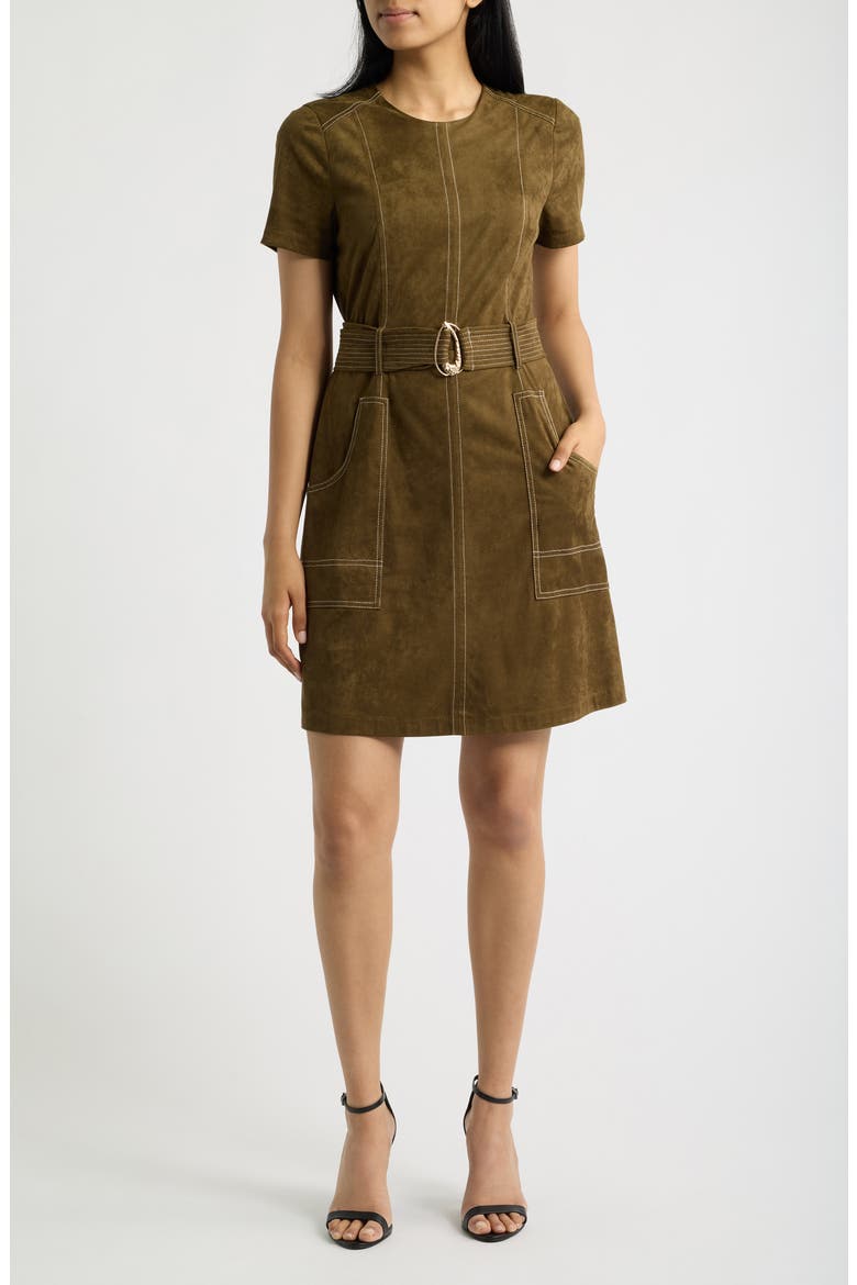 Topstitch Detail Faux Suede Dress, Main, color, ARTICHOKE