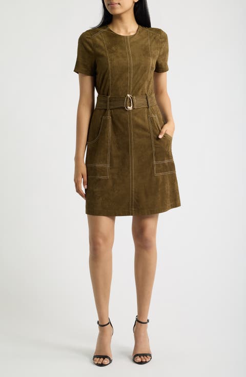 Topstitch Detail Faux Suede Dress