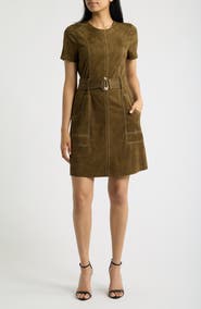 Tahari Topstitch Detail Faux Suede Dress