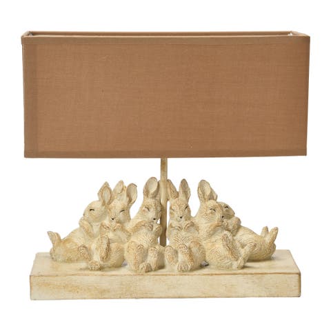Resin Rabbit Table Lamp with Rectangle Linen Shade, White and Sand
